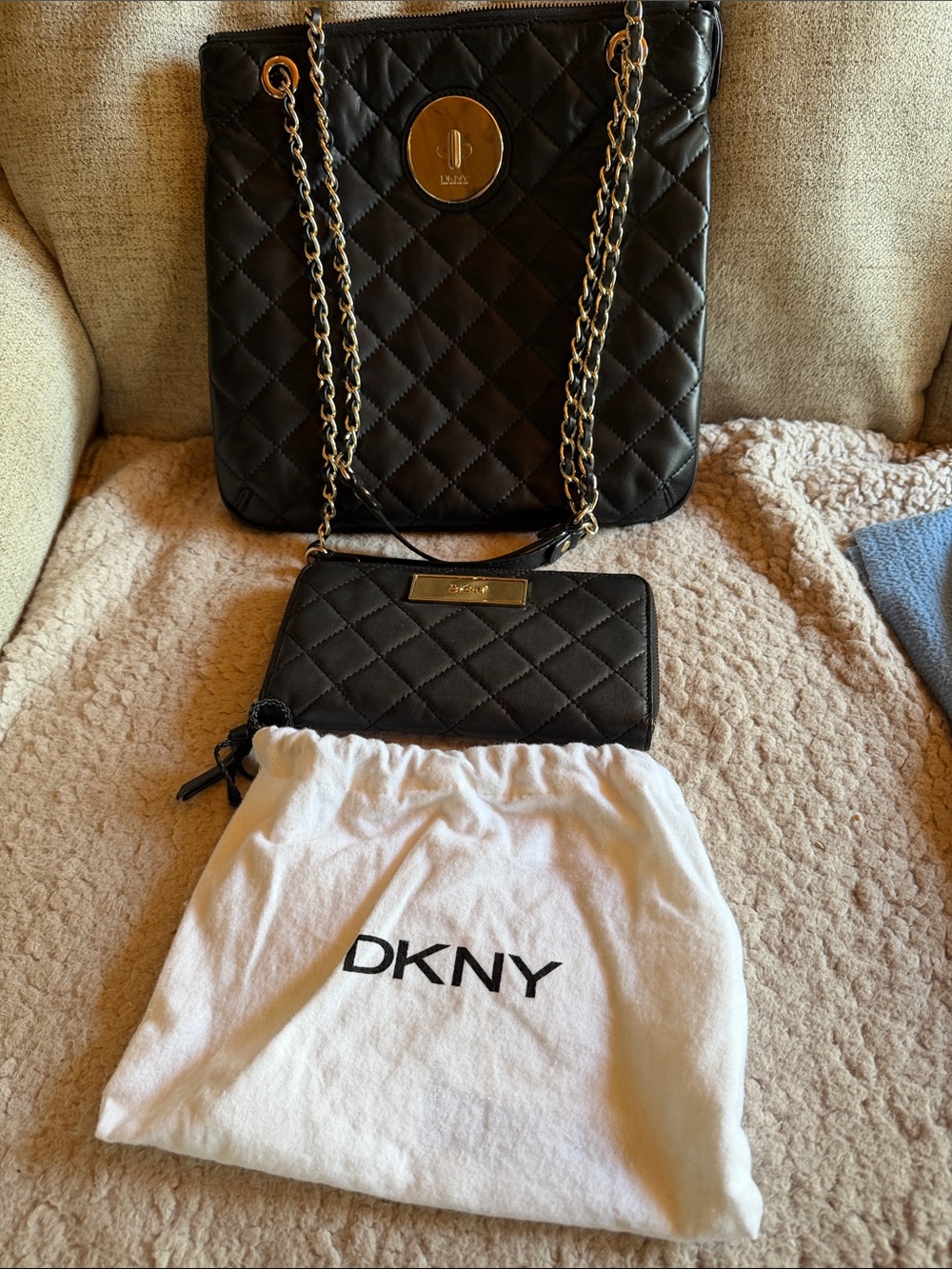 DKNY Black Quilted Shoulder Bag with Chain Straps and Matching Wallet